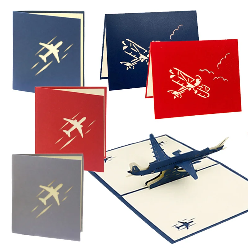 1 Pc 3D Aircraft Pop-Up Card with Cover Laser Cut Design, Multiple Colors (Civil Blue, Red, Gray, Vintage Blue) for Party TMZ