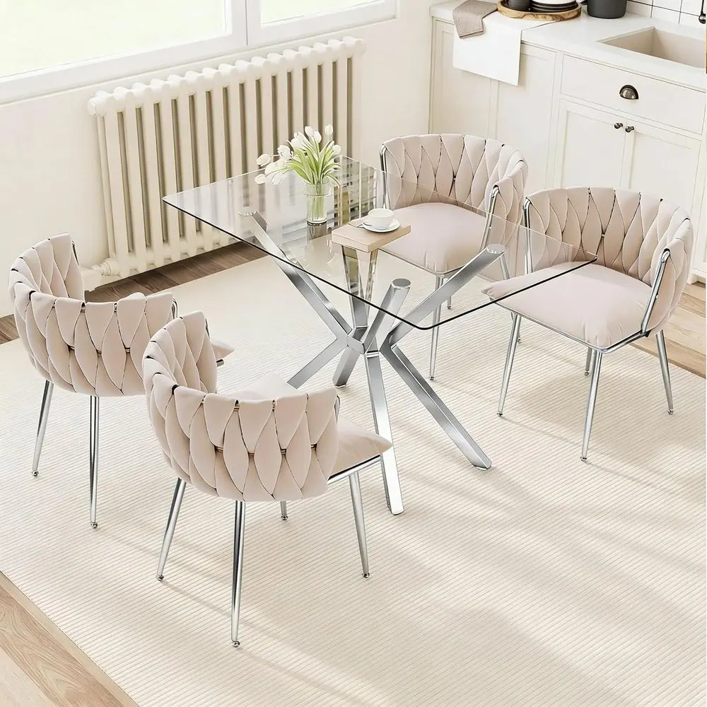 

Стеклянный обеденный набор из 5 предметов: прямоугольный стол из закаленного стекла 47,2 дюйма и 4 бархатных стула для небольших помещений