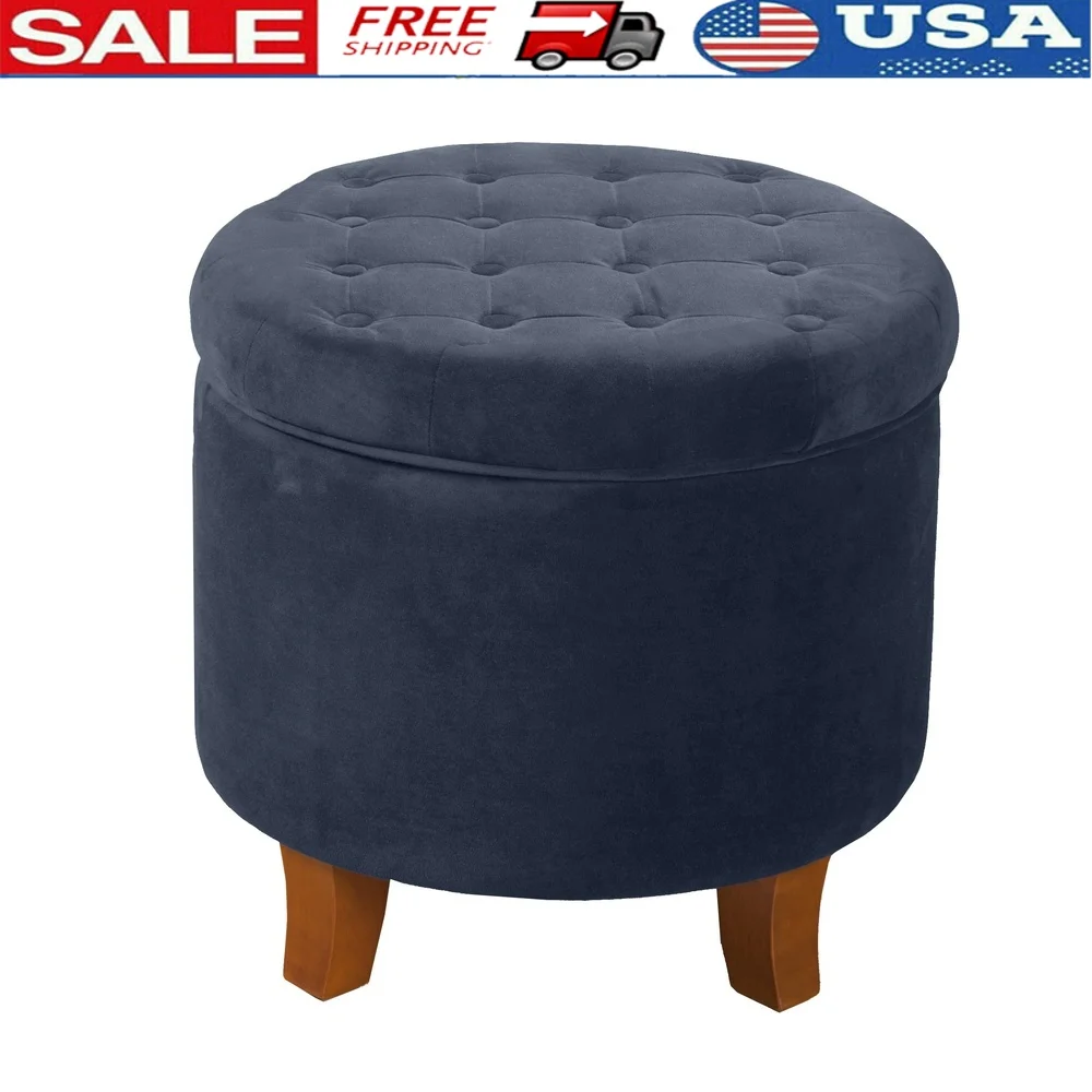 

Button Tufted Velvet Ottoman Round with Hidden Storage Lift Off Lid Soft Cushioned Top Indoor Seating Footrest Brown Legs