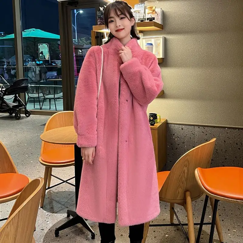 

Fur integrated coat women's new winter medium and long stand-up collar temperament wool lamb fur fleece coat tide