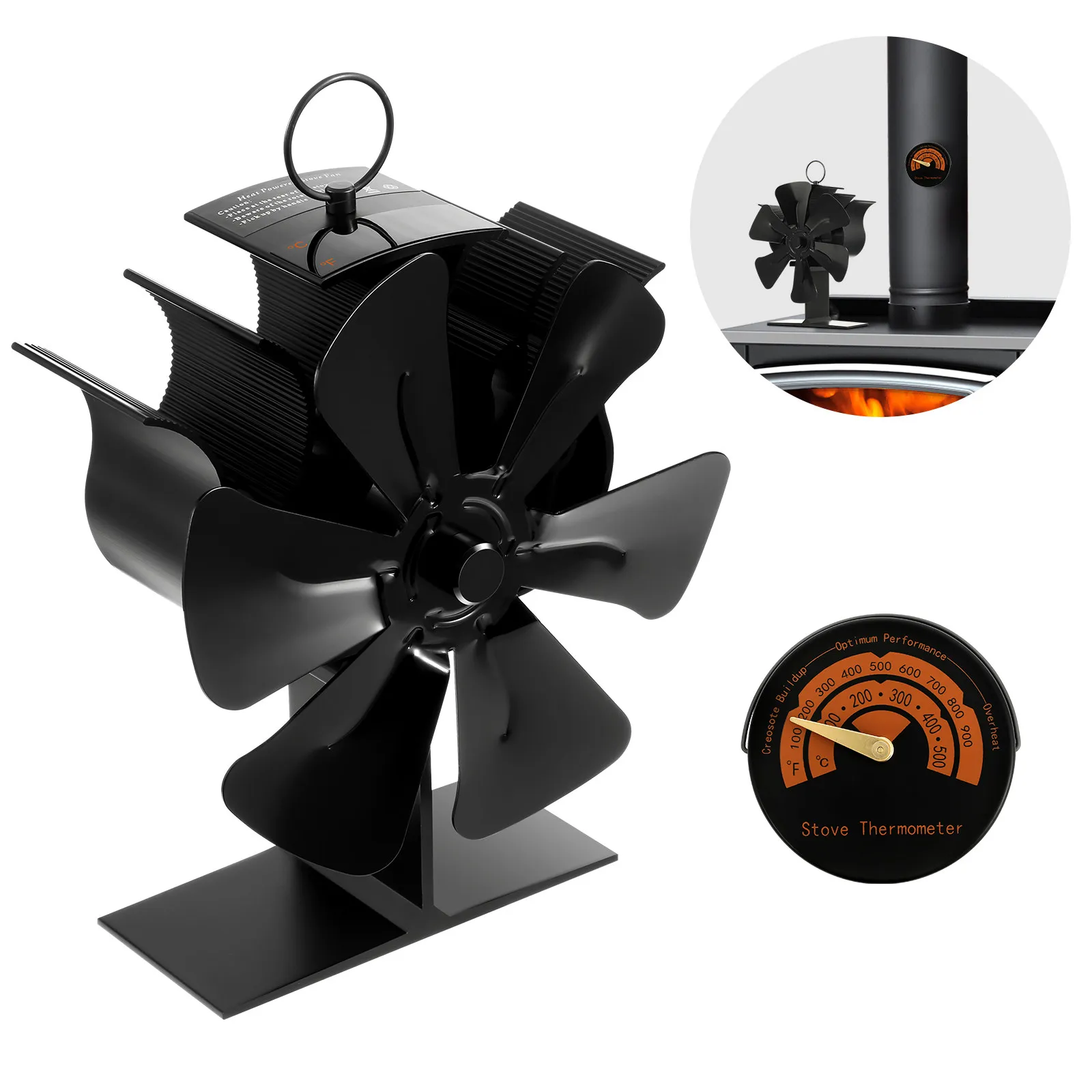 

2pcs Fireplace Fan Wood Burning Stove Fans Non Electric Thermometer Powered Stove Accessories Quiet Operation Portable Safe