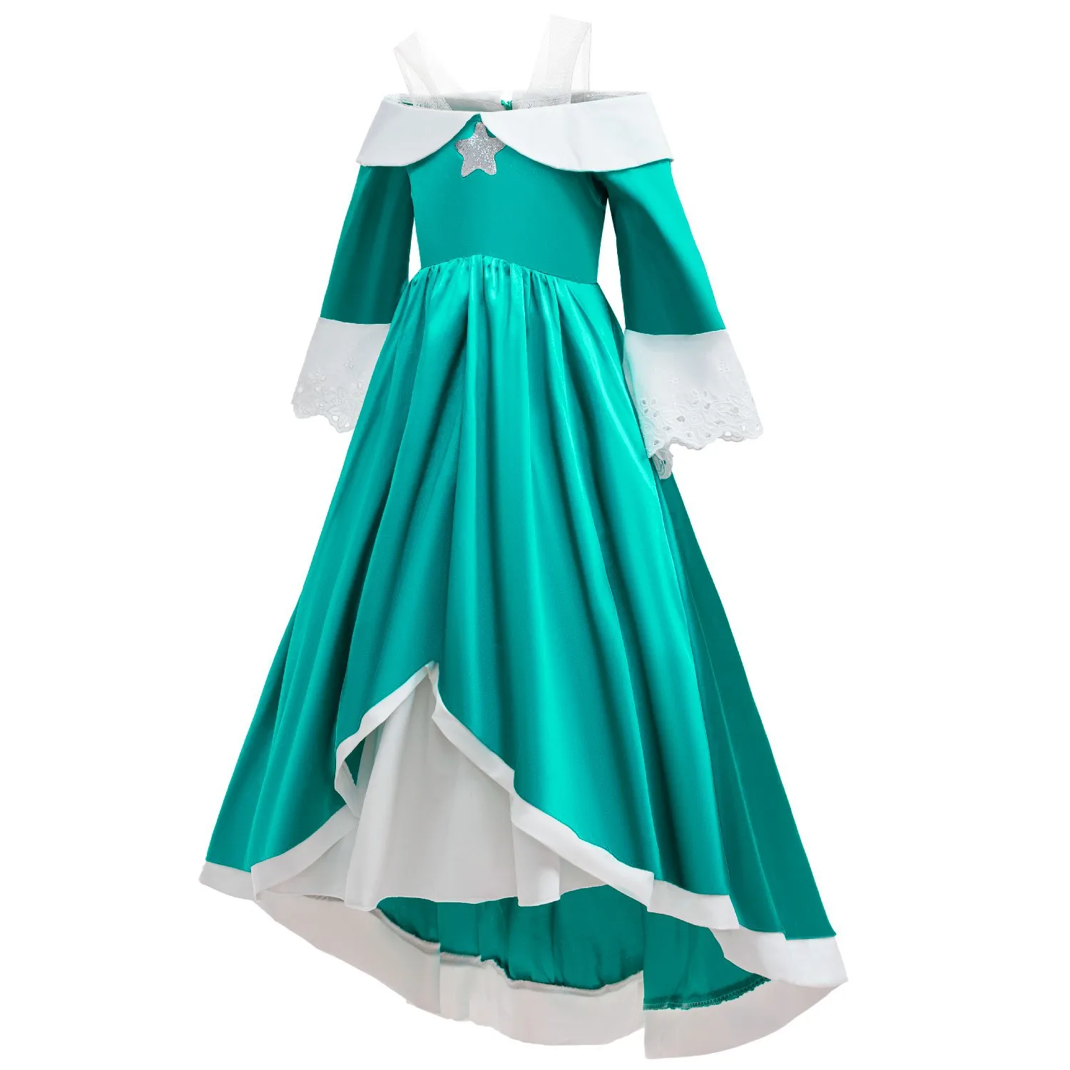Girls Rosalina Cosplay Costume Kids Elegant Teal Satin Princess Dress Set with Lace Cuffs for Halloween Birthday Party