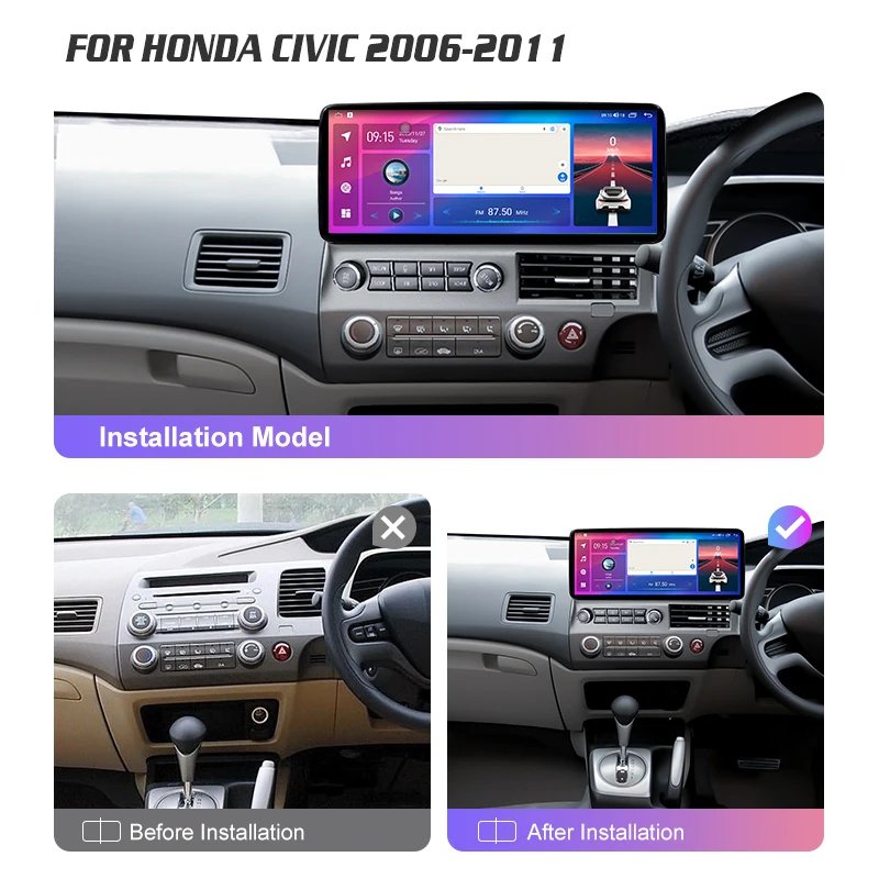 For Honda Civic 2006-2011 Android 12 Car Radio Multimedia Video Player GPS CarPlay 12.3 INCH Screen Head Unit 2K QLED Stereo
