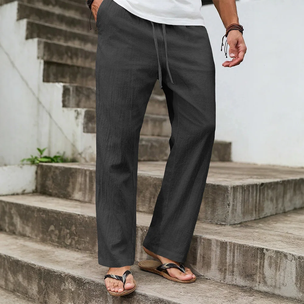 Cotton Linen Casual Pants for Men Comfortable Lightwieght Solid Color Vacation Style Simple Trousers Elastic Waist Sweatpants