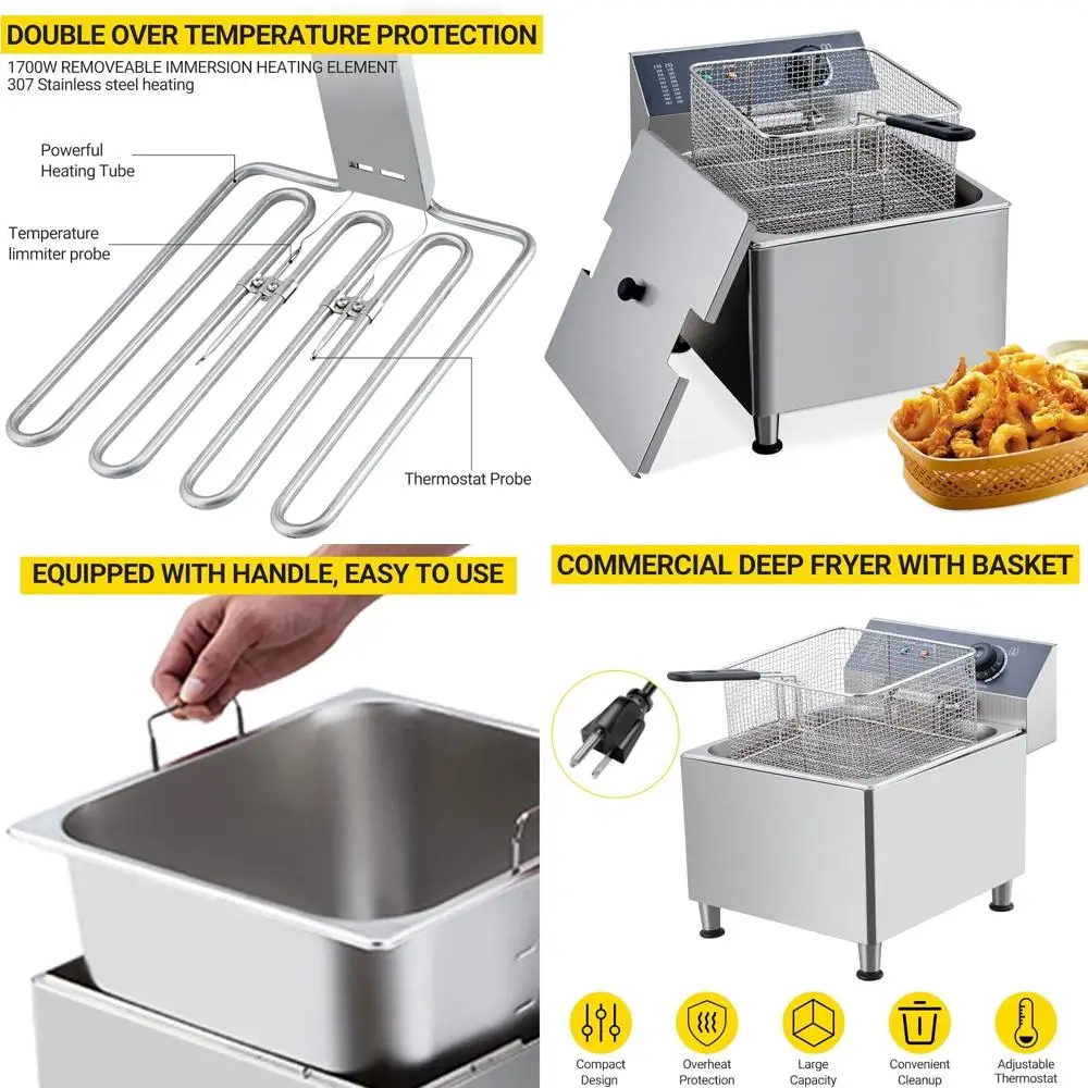 

11L Commercial Electric Deep Fryer with Large Basket and Lid, Stainless Steel, 120V, 1700W for Home and Restaurant Use
