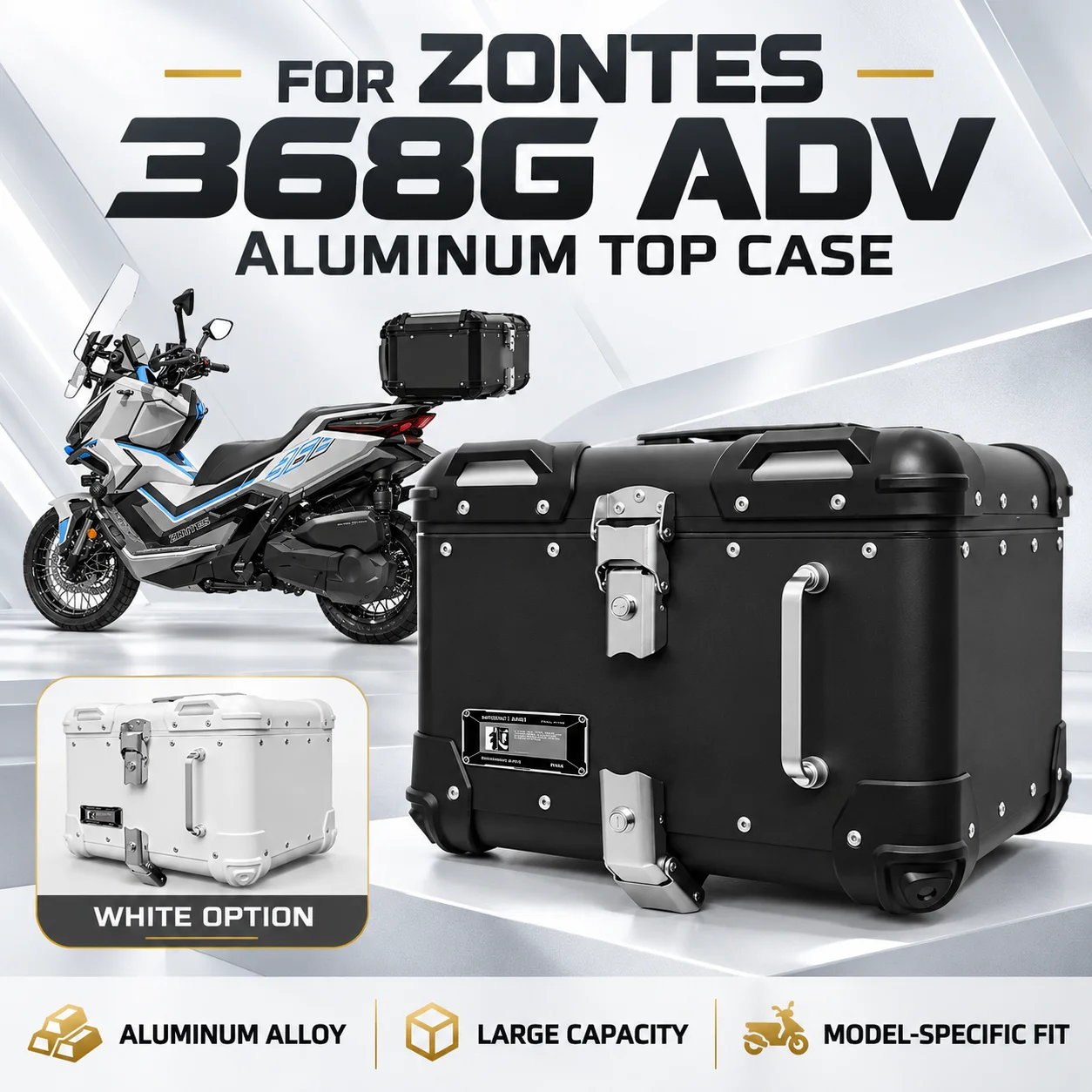 Zontes 368G Adventure Scooter Aluminum Top Case — Heavy-Duty Luggage Box Aftermarket Accessory
