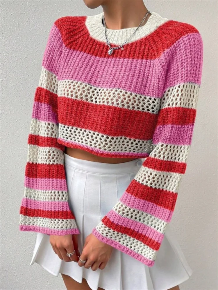 موضة مخطط المحاصيل تريكو المرأة س الرقبة طويلة الأكمام سترة الخريف الربيع Y2K قصيرة البلوز الشارع الشهير فضفاض البلوز القمم