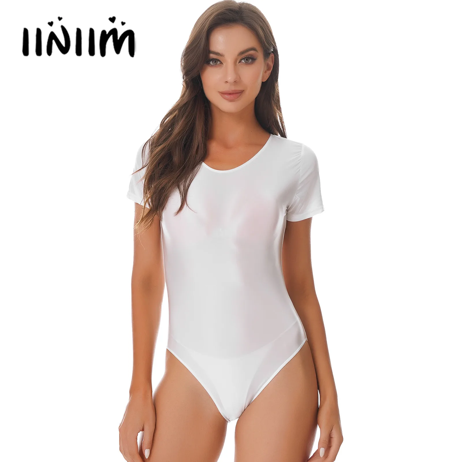 Women's Swimsuit High Cut Swimming Bodysuit Solid Color One Piece Swimwear Short Sleeve Leotard Round Neck Sportswear Beachwear