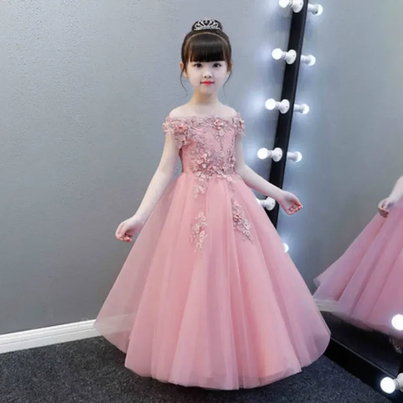 Glizt Bead Appliques Flower Girl Wedding Dresses Shoulderless Girl Party Princess Birthday Dress First Communion Gown for Kid