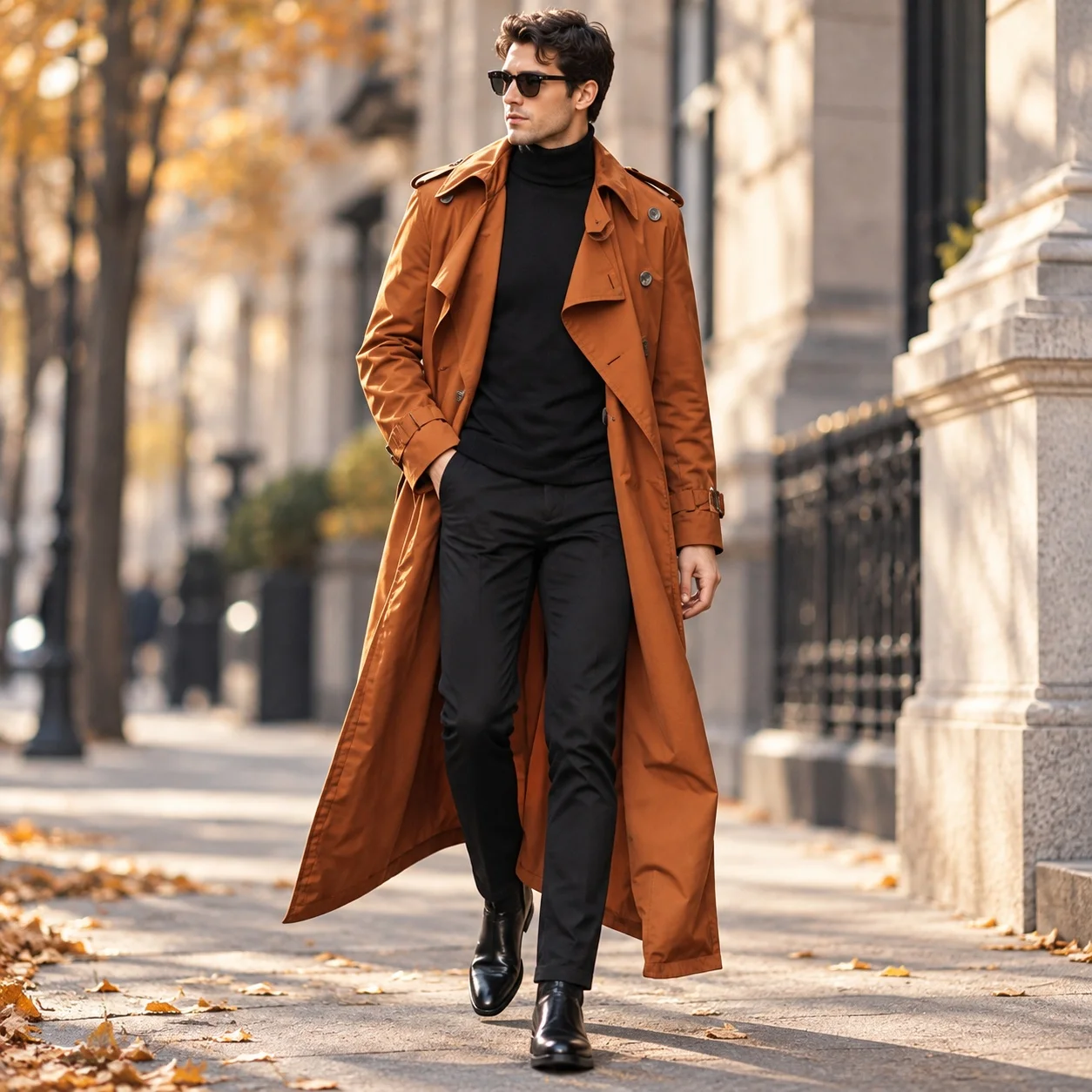 Belted Pocket Belt Slim Fit Commuter Style with Epaulettes Unhooded Long Length Side Seam Pockets Long Trench Coat for Men