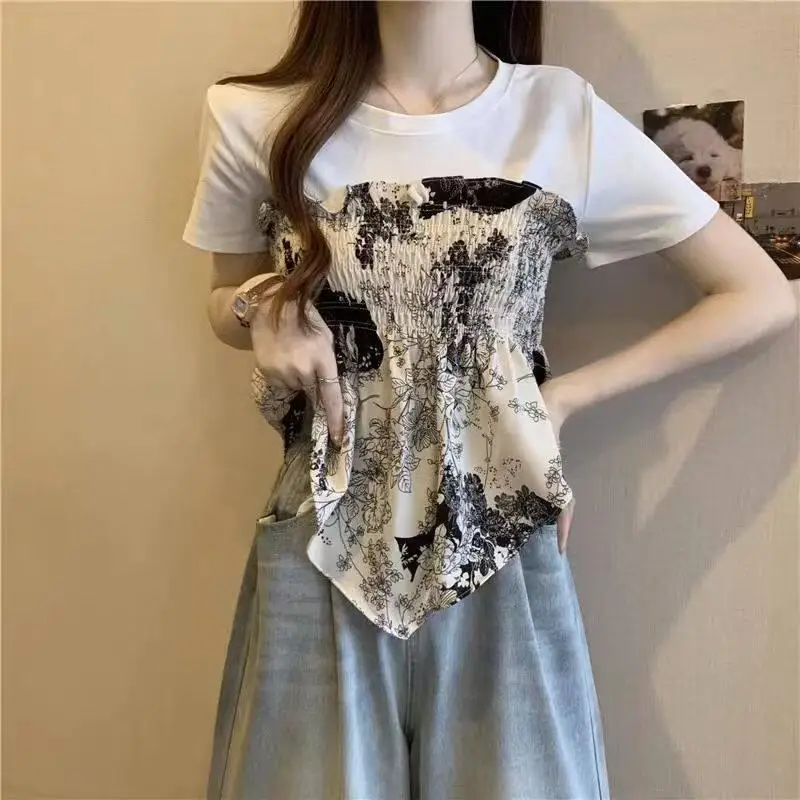 

Summer plus Size Women's T-Shirt Irregular Short Sleeve Print Slimming Design City Walk Top Polyester Fiber Zipper Opening