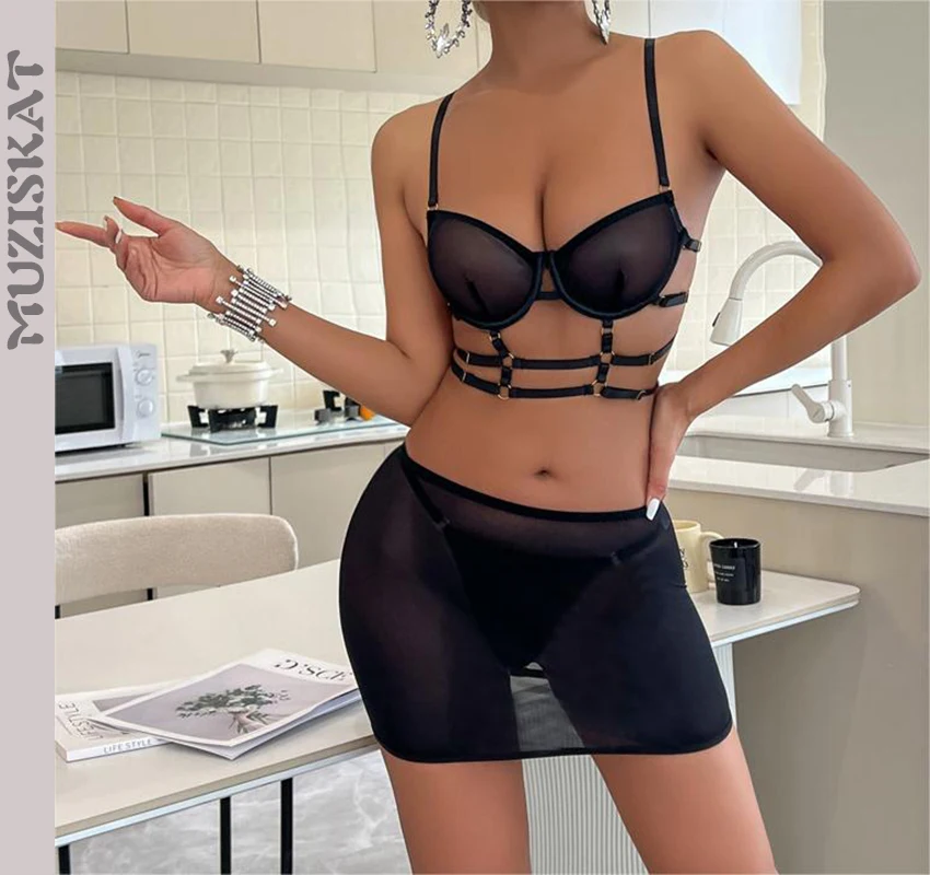 

2023 Erotic Lingerie Three-Piece Comfortable Mesh Skeleton Strap Bra SexyBody Shaping Short Skirt Suit Female