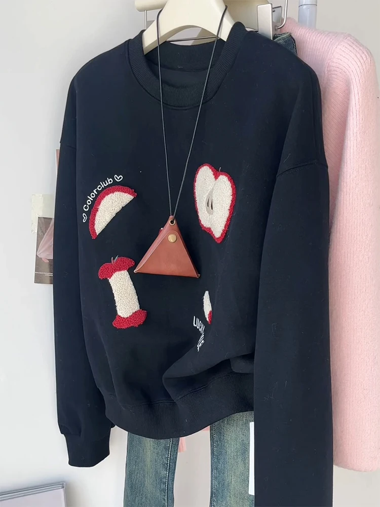 

Korean Sle round Ne Embroidered Cartoon Sweatirt Winter New Faion plus Size Versatile Anti-Aging Women's Top
