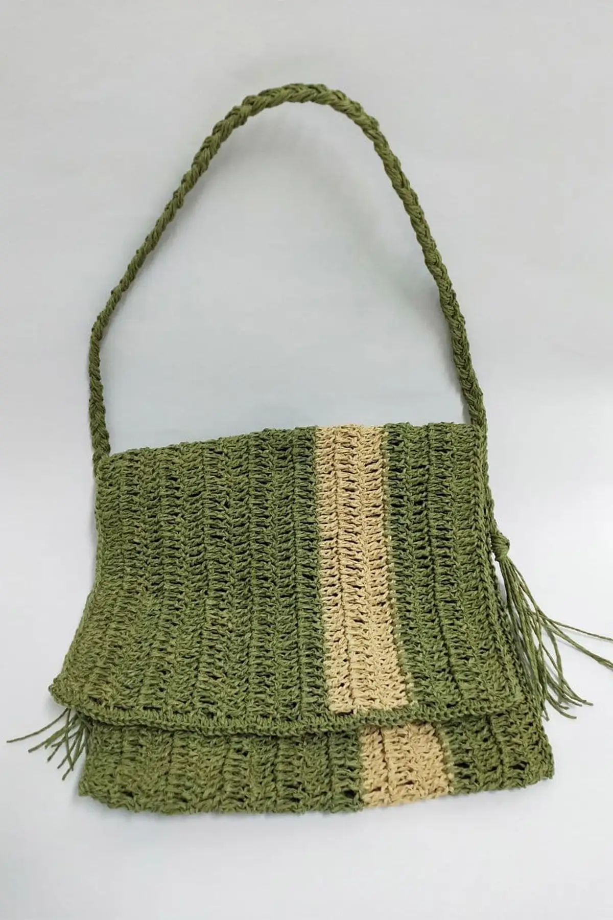 Uras Green Handmade Weave Paper Rope Beige Ribbon Detail Shoulder Bag Women bag Shoulder Bag Handmade