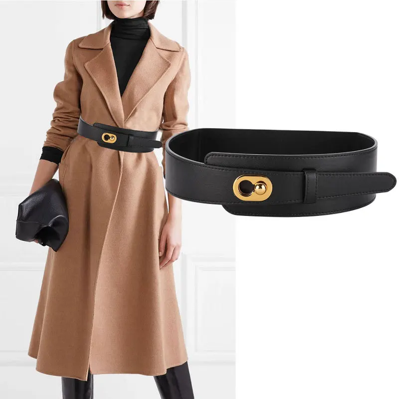 

Lock Buckle Vintage Wide Belts Elegant Solid Color Genuine Leather Belt Elastic Waistband Trendy Coat Girdle For Women