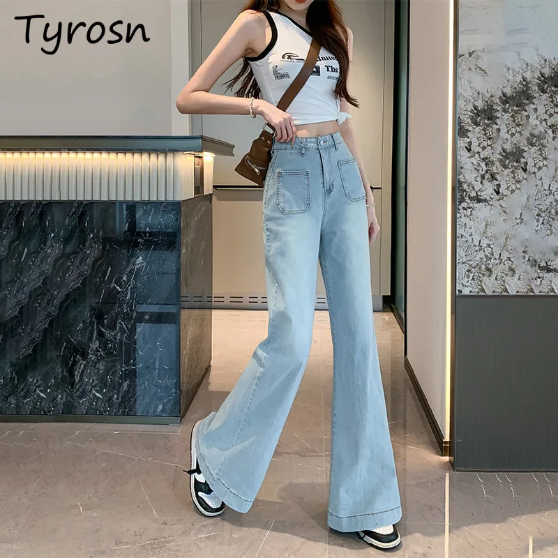 Jeans Women Light Blue High Waist Wide Leg New Loose Pocket Korean Chic Straight Floor-length Trousers Simple All-match OL Daily