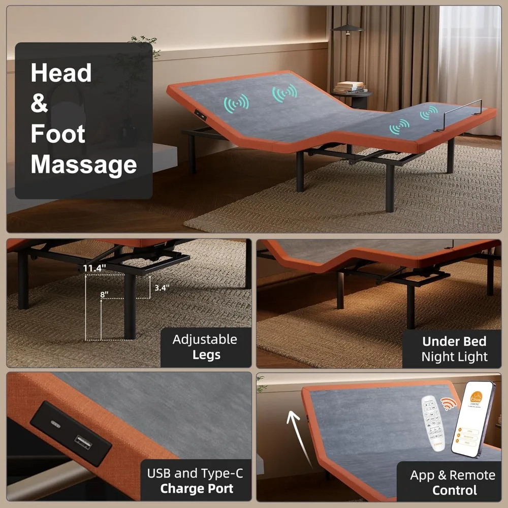 قاعدة سرير بإطار سرير قابل للتعديل مع تدليك، إمالة وسادة، مائل مريحة، انحدار الجاذبية، منفذ USB مزدوج، ضوء تحت السرير