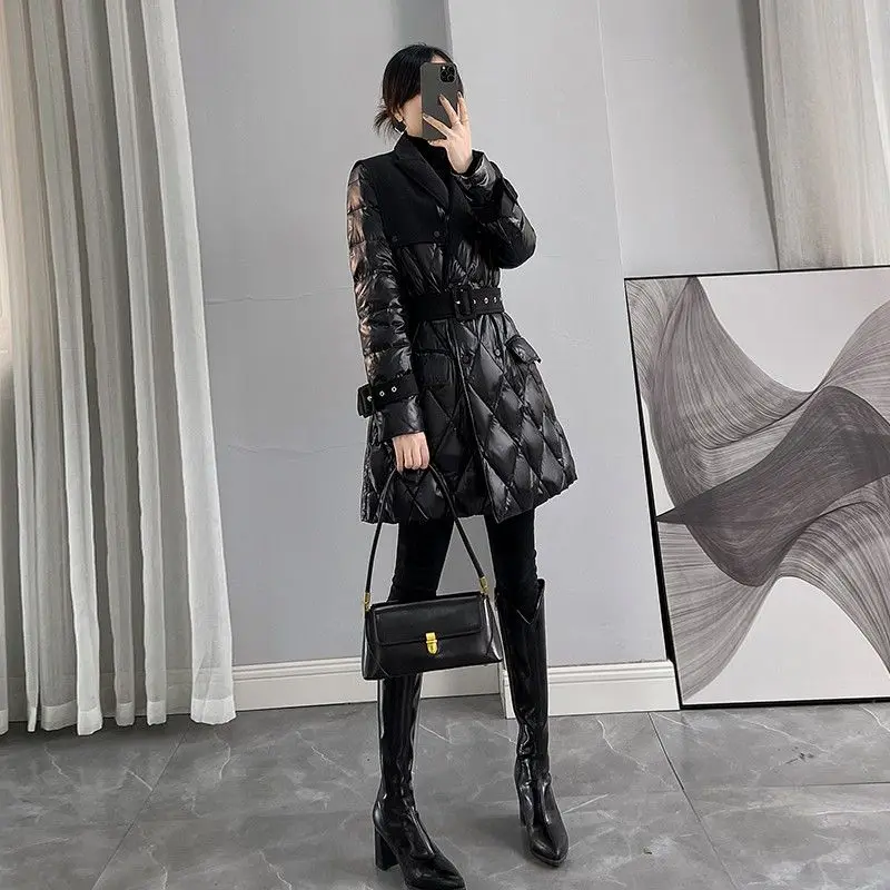Women's winter new slim fit waist cinched mid length down jacket black diamond grid bright surface temperament down jacket