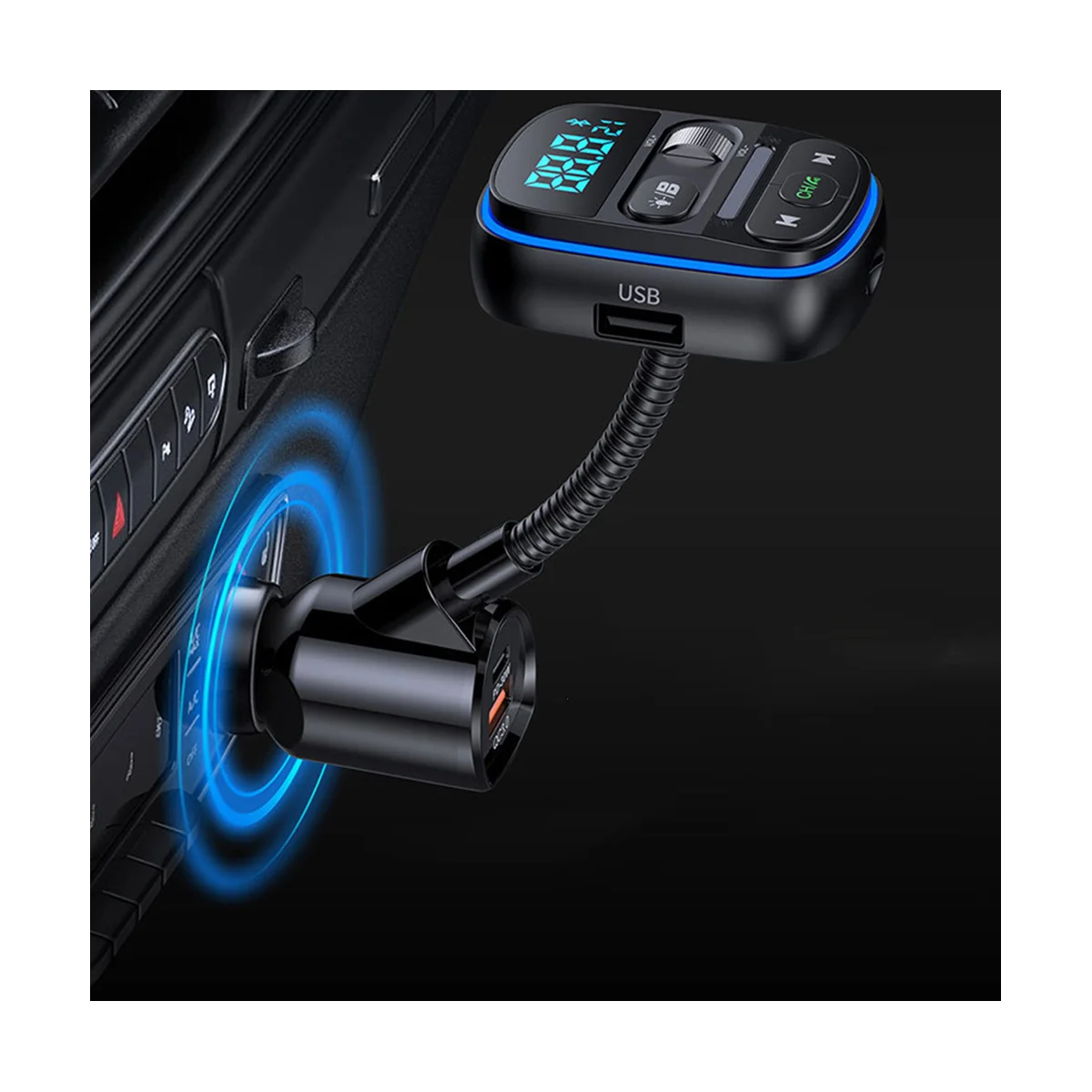 Bluetooth FM Transmitter for Car, Stronger HiFi Bass Microphone, PD 30W+QC 3.0 Adapter with 7 Colors LED