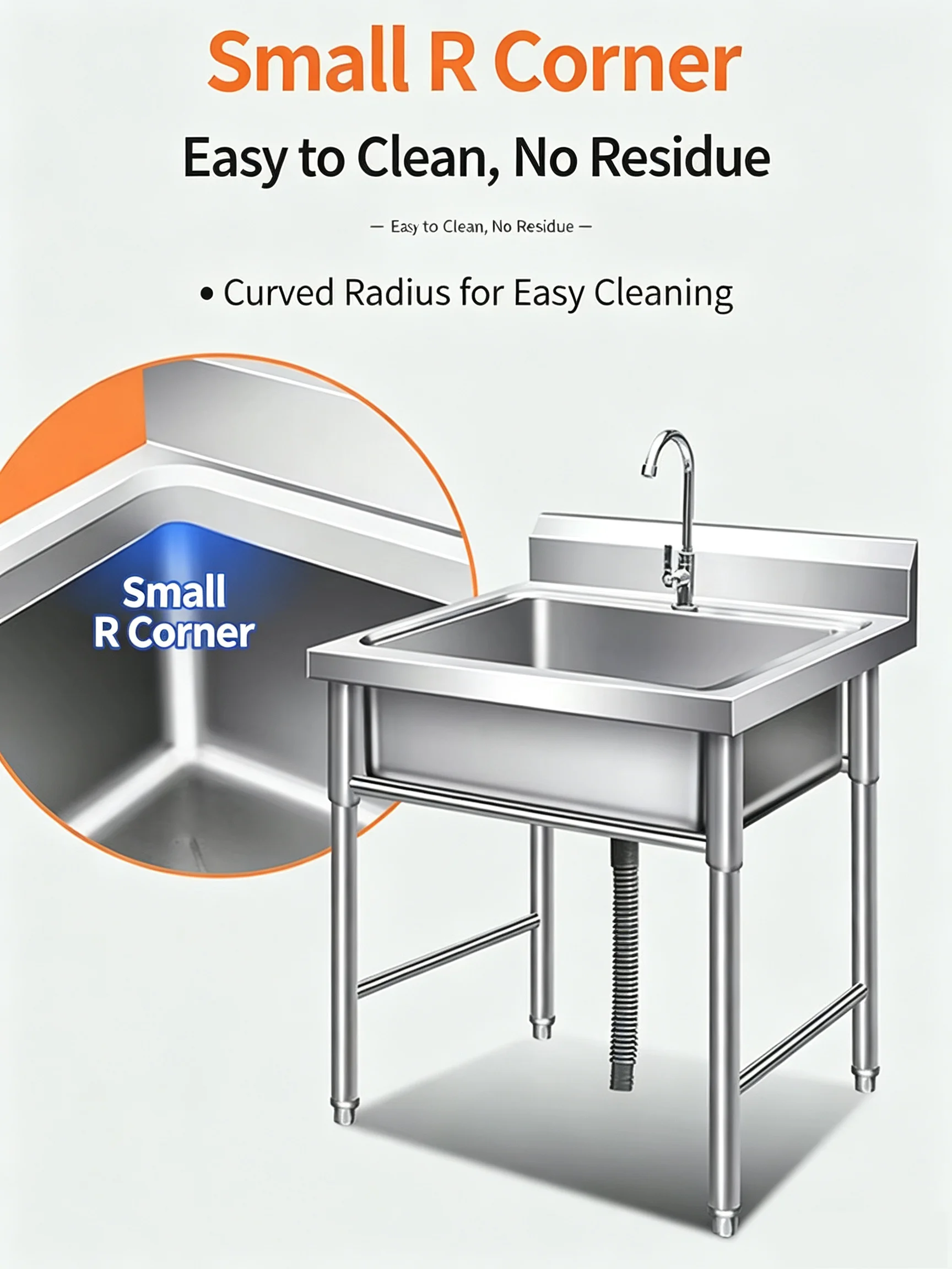 Free Standing High-End Fabricated Whole Body 100% Stainless Steel 304 Wash Basin Kitchen Sink with Single Groove
