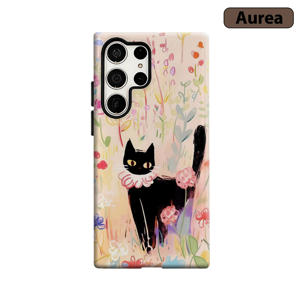 Whimsical Cat in Bloom Phone Case for Samsung Galaxy S25 Ultra S24 S23 Ultra Plus Shockproof Double Layer Tough Back Cover