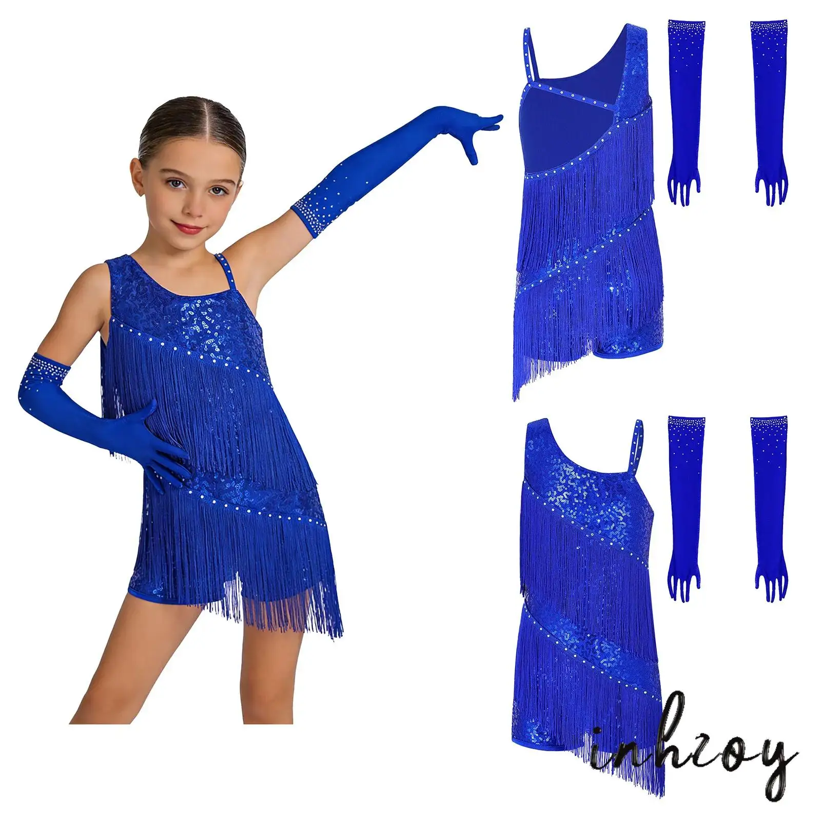 

Girls Salsa Latin Performance Dance Outfit Sleeveless Asymmetric Shoulder Rhinestone Sequin Tassel Leotard and Mesh Gloves Set
