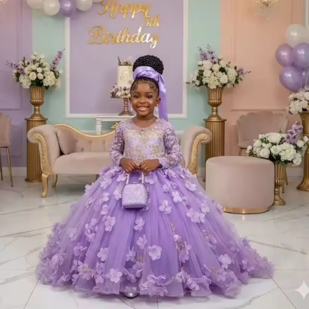 

Lavender Luxury Flower Girl Dress with Floral Appliques Birthday Party Evening Dress for Girls Custom Tulle Skirt
