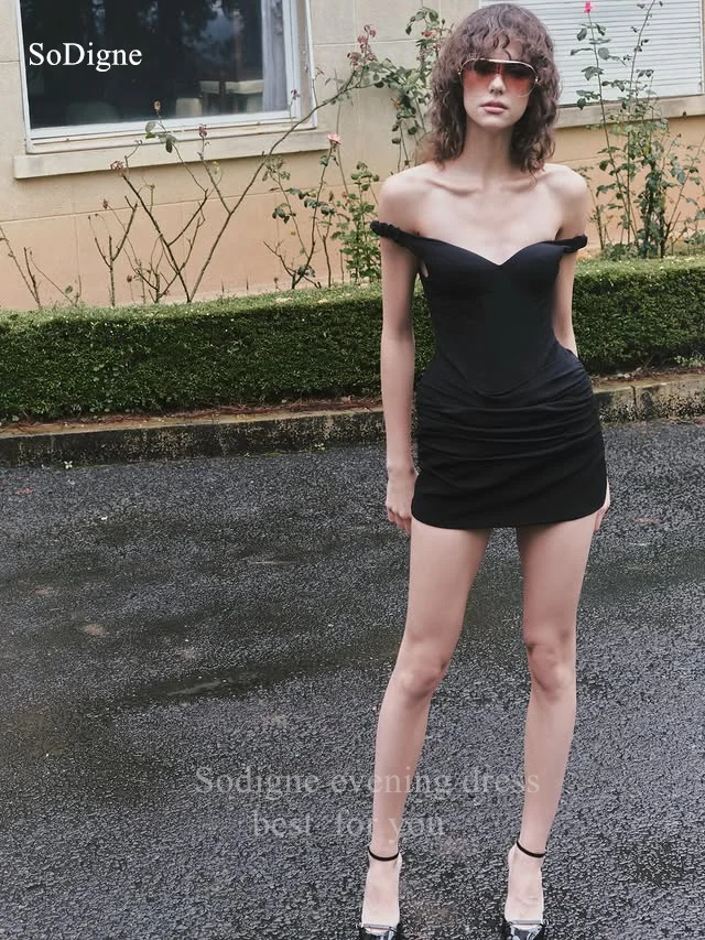 

SoDigne Charming Black Evening Dresses Off The Shoulder Pleats Party Dress Mini Home Coming Prom Gowns Customized