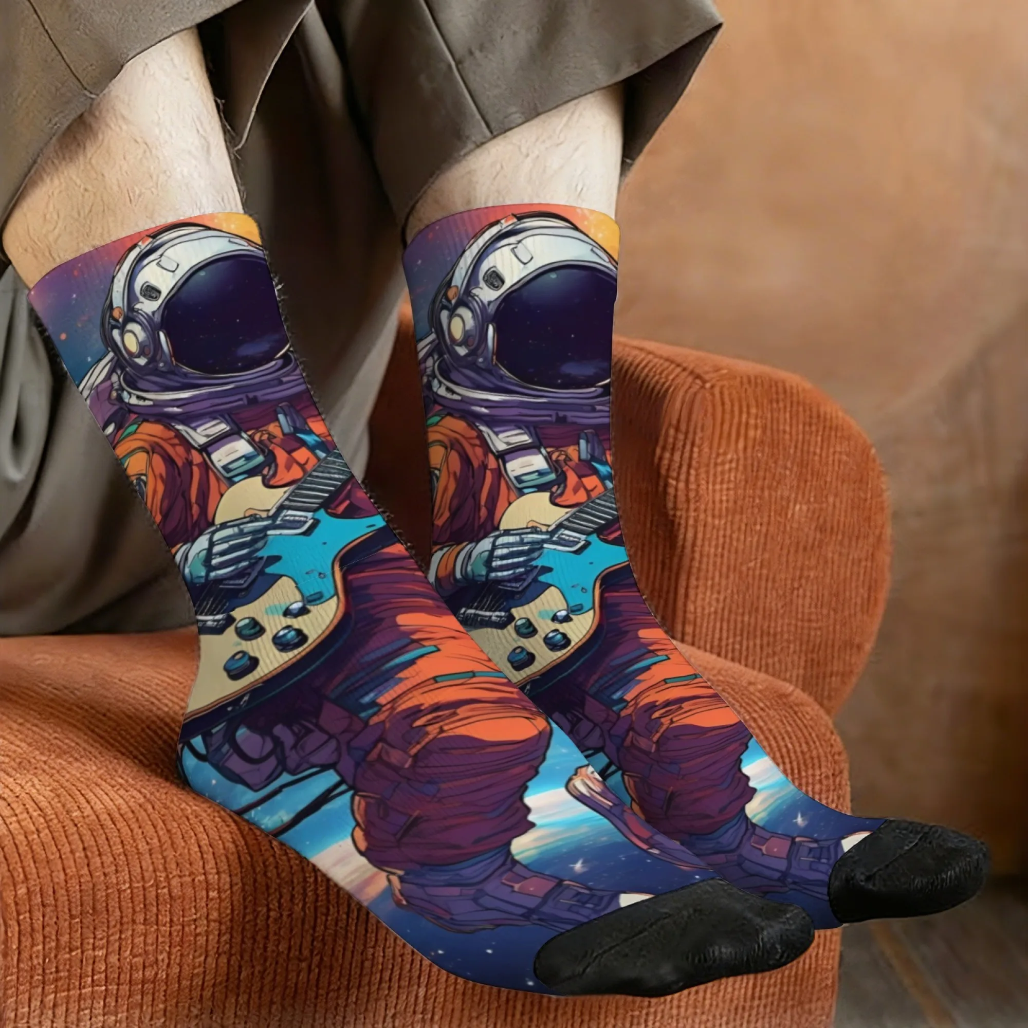 Harajuku Retro Space Rock Astronaut Print Men's Socks Novel Street Space Music Sci-Fi Style Casual Socks Crazy Party Gift