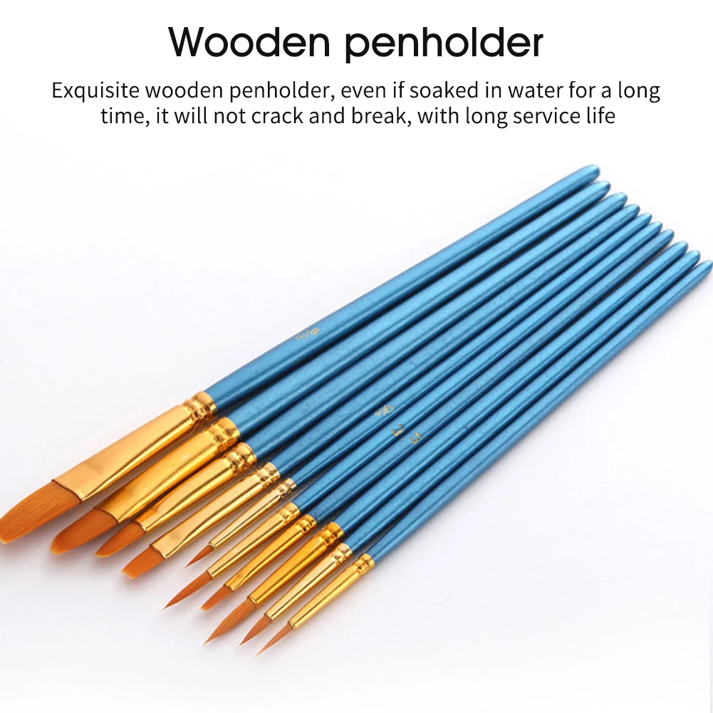 子供のためのナイロン水彩ペイントブラシセット、丸い先端の文房具、描画ツール、アクリルオイルアート用品、学用品、セットあたり10個