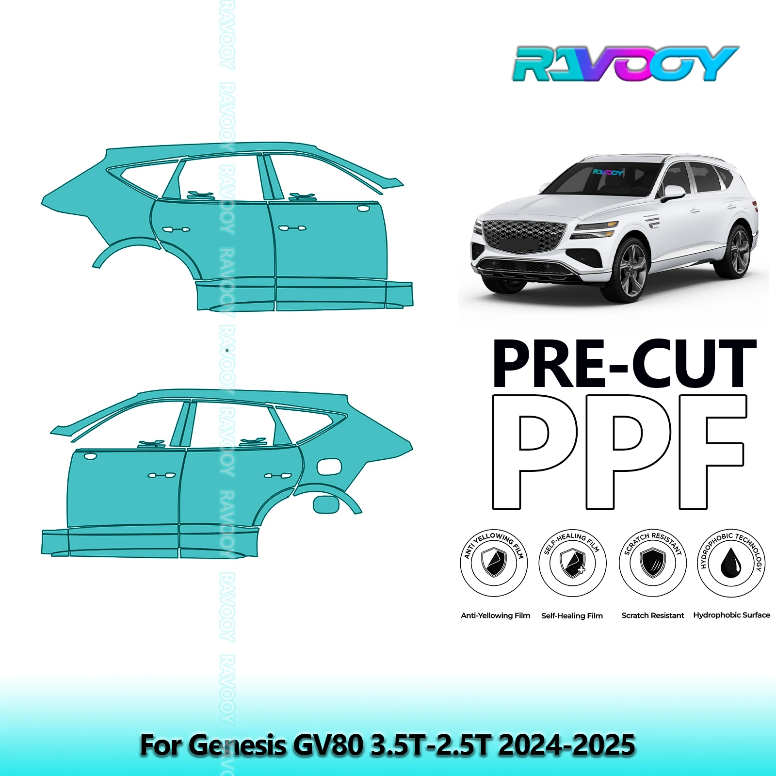

For Genesis GV80 3.5T-2.5T 2024-2025 8.5mil Clear Matte Pre-Cut PPF Door & A/B Pillar Kit TPU Paint Protection Film Set