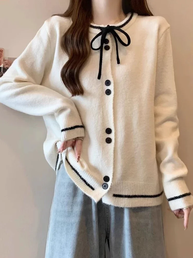 Autumn Winter Sweaters Plus Size Lace Up Single Breasted Contrast Color Long Sleeeve Knit Cardigan All Match Women Clothing 2024