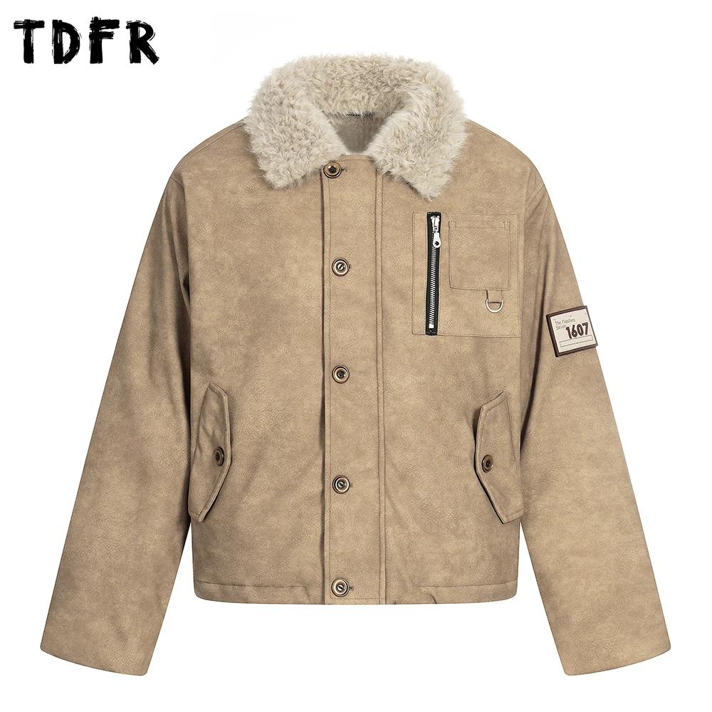 

Стеганая куртка из искусственной кожи с лацканами шерпа, мужская зимняя толстая куртка с вышивкой в стиле ретро, повседневная толстая верхняя одежда с длинными рукавами и лацканами, мужская