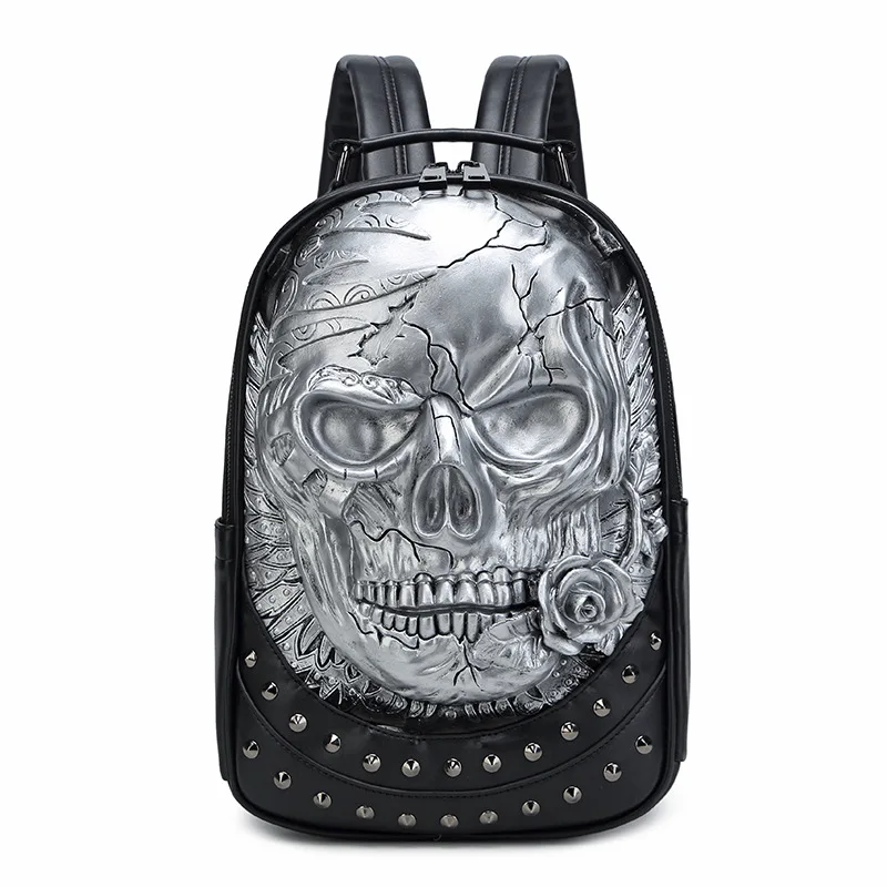 2024 PU Leather Harajuku Black Skull Backpack 3D Aesthetic Rivet Trendy Travel Backpack for Men and Women