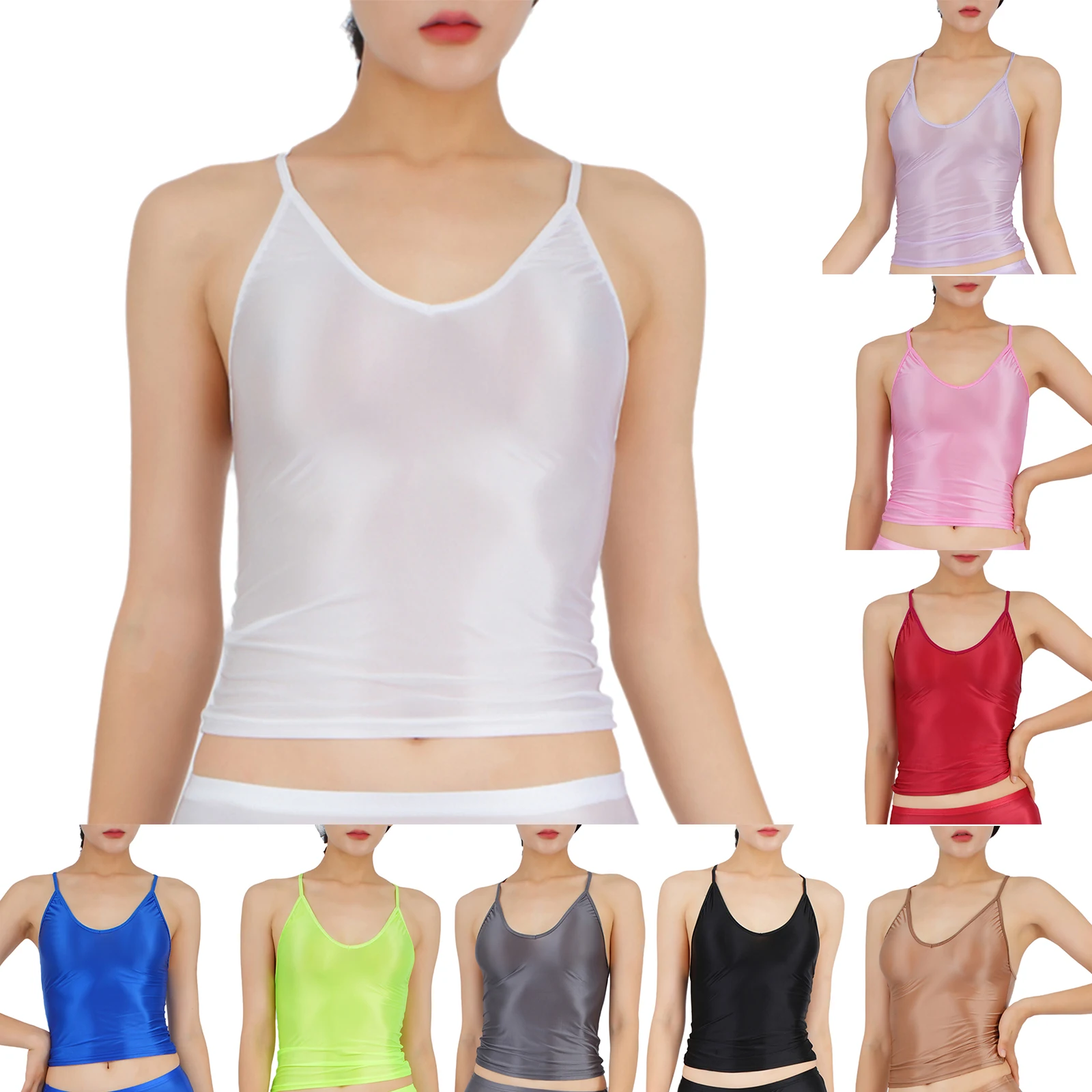 Womens Sexy Glossy Sleeveless Sling Bodycon Tops 에로틱 크롭 탑 Clubwear Bar Nightwear 용 신축성있는 Camisole Scoop Neck Vest