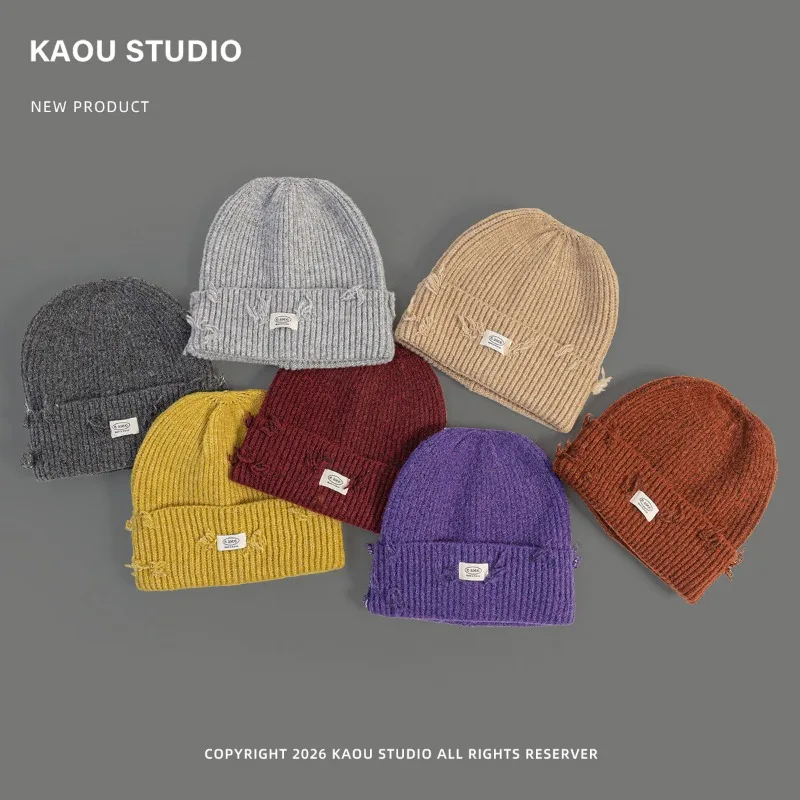Simple Trendy Patched Hole Knitted Hat for Men and Women Street Hip-hop Pullover Hats Warm Ear Protection Skull Beanie Cap