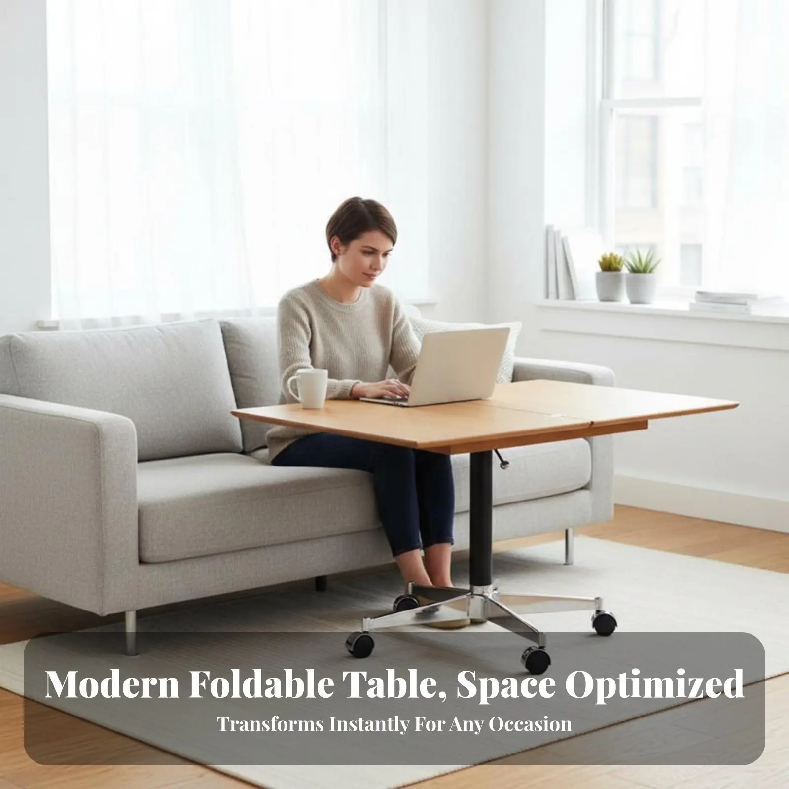 C-Shaped Rolling Table Height-Adjustable Living Room Furniture Multi-Functional Lockable Casters for Apartment Dwellers, Seniors view 4
