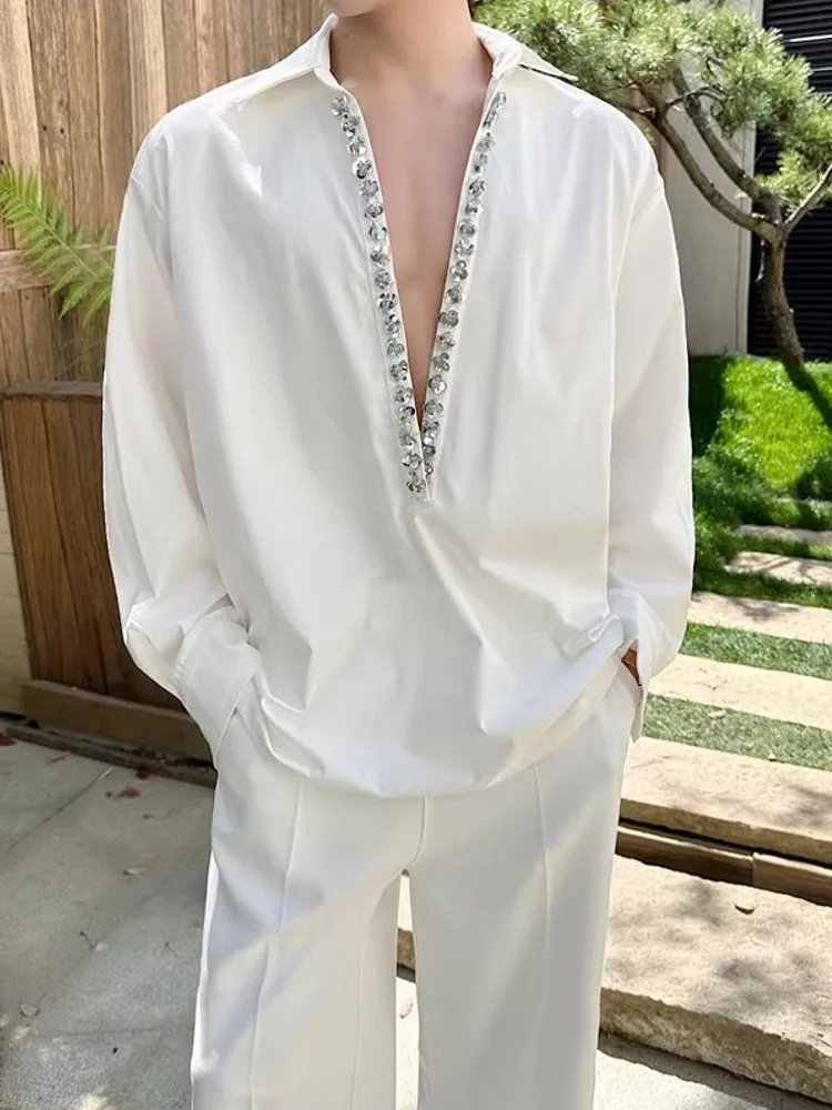 Hot Sale Chic Mens Sequin Deep V-Neck Long Sleeved Shirts Turndown Collar Loose Fit Retro Nightclub Style Fashion Men Model Tops