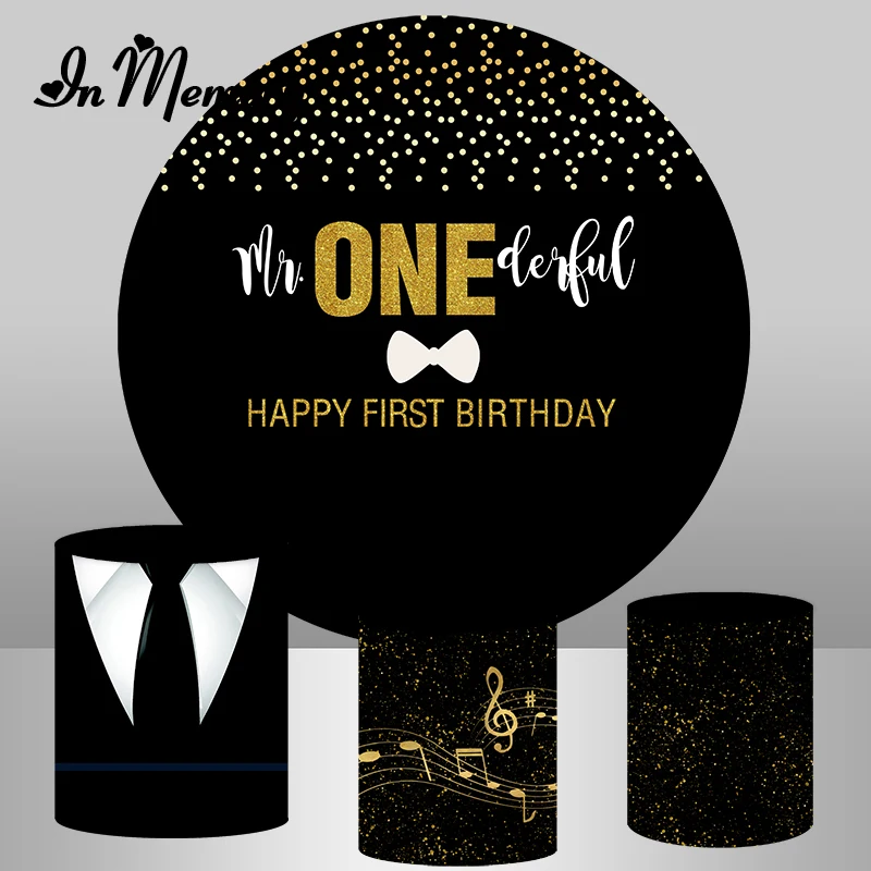 Black Little Boys 1st Birthday Party Round Backdrop Cover Gold Glitter Suit Newborn Baby Shower Background Plinth Covers