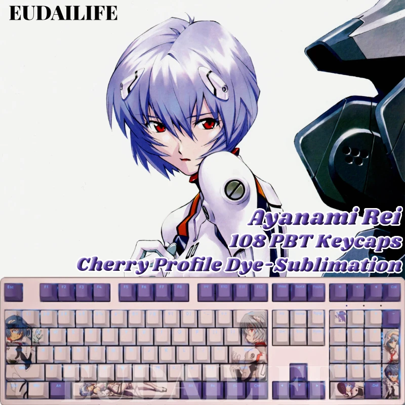 

Ayanami Rei 108 Key Caps PBT Anime EVA DYE-Sublimation Light-transmiting Keycap MX Cross Axis Switch Mechanical Keyboard Otaku