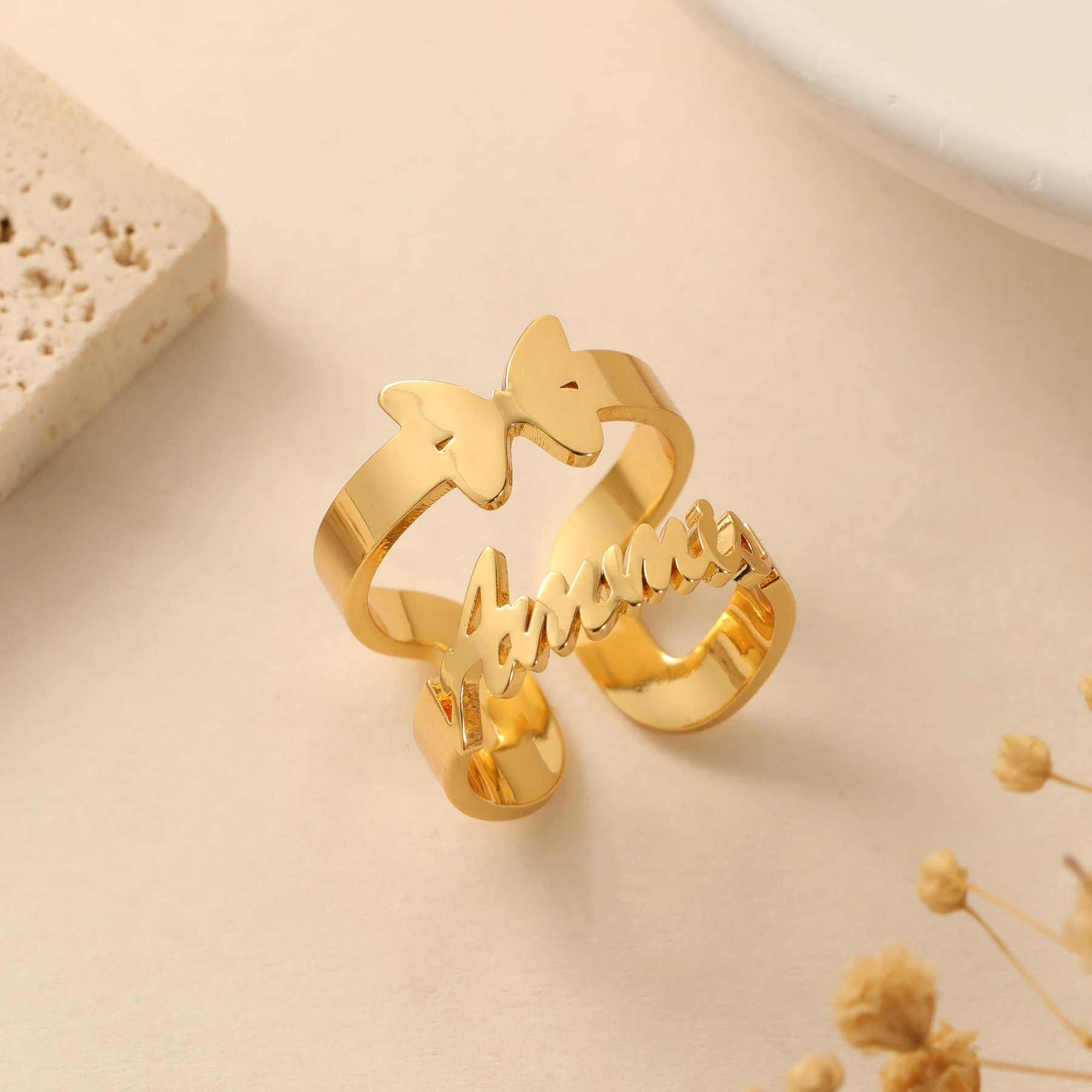 

Кольцо с именем бабочки на заказ, двухслойное кольцо, начальное регулируемое открытое кольцо, позолоченное, изысканный, индивидуальный подарок для женщин