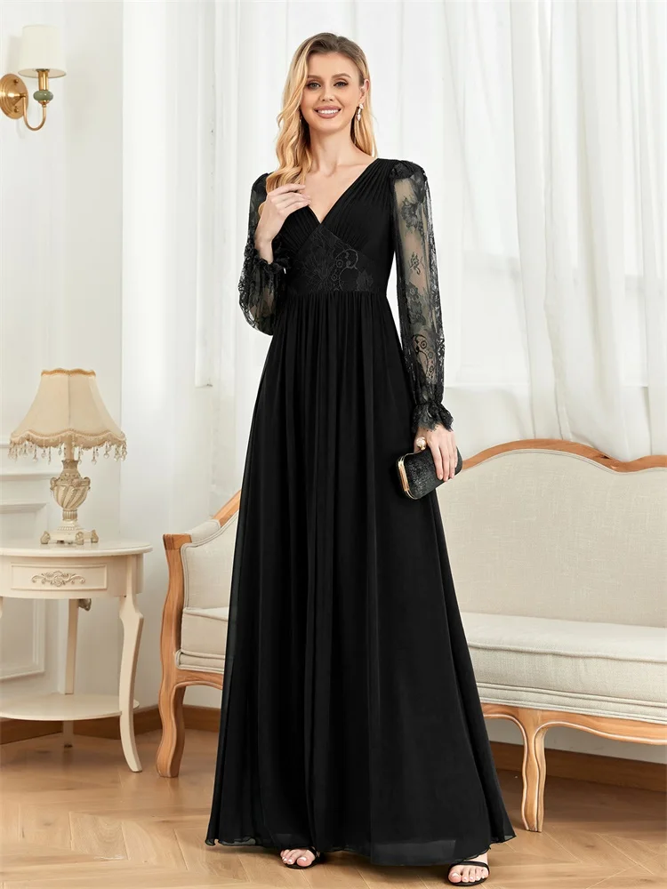 Lucyinlove Luxury Black Chiffon Tulle Formal Evening Dress Elegant Long Sleeves Bridesmaid Party Maxi Dress Women Cocktail Prom