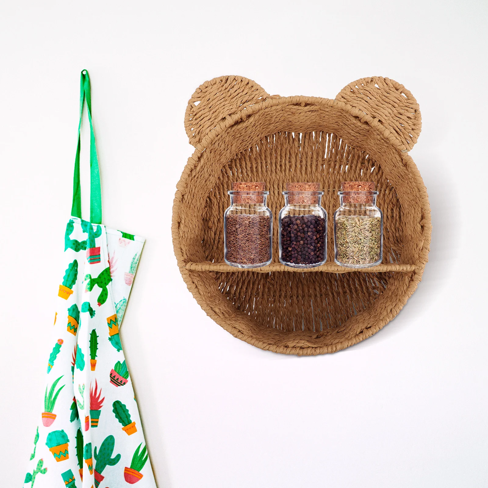 

Cat Shape Woven Wall Shelf Hanging Organizer Decorative Storage Rack for Living Room Kitchen Bathroom Natural Rattan Basket