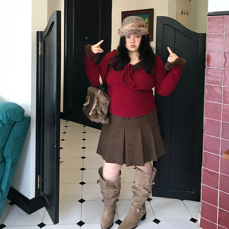 

Onism plus Brown Belted Midi Skirt Women's plus Size Elastic Waist Pleated Skirt Ci Commute Casual Daily Youth Faion