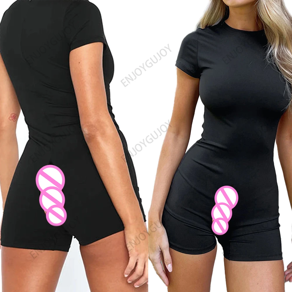 

Invisible Open Crotch Jumpsuit for Women, Versatile Bottoming Shirt, Skinny Shorts, Street Sports Style, Outdoor Sex