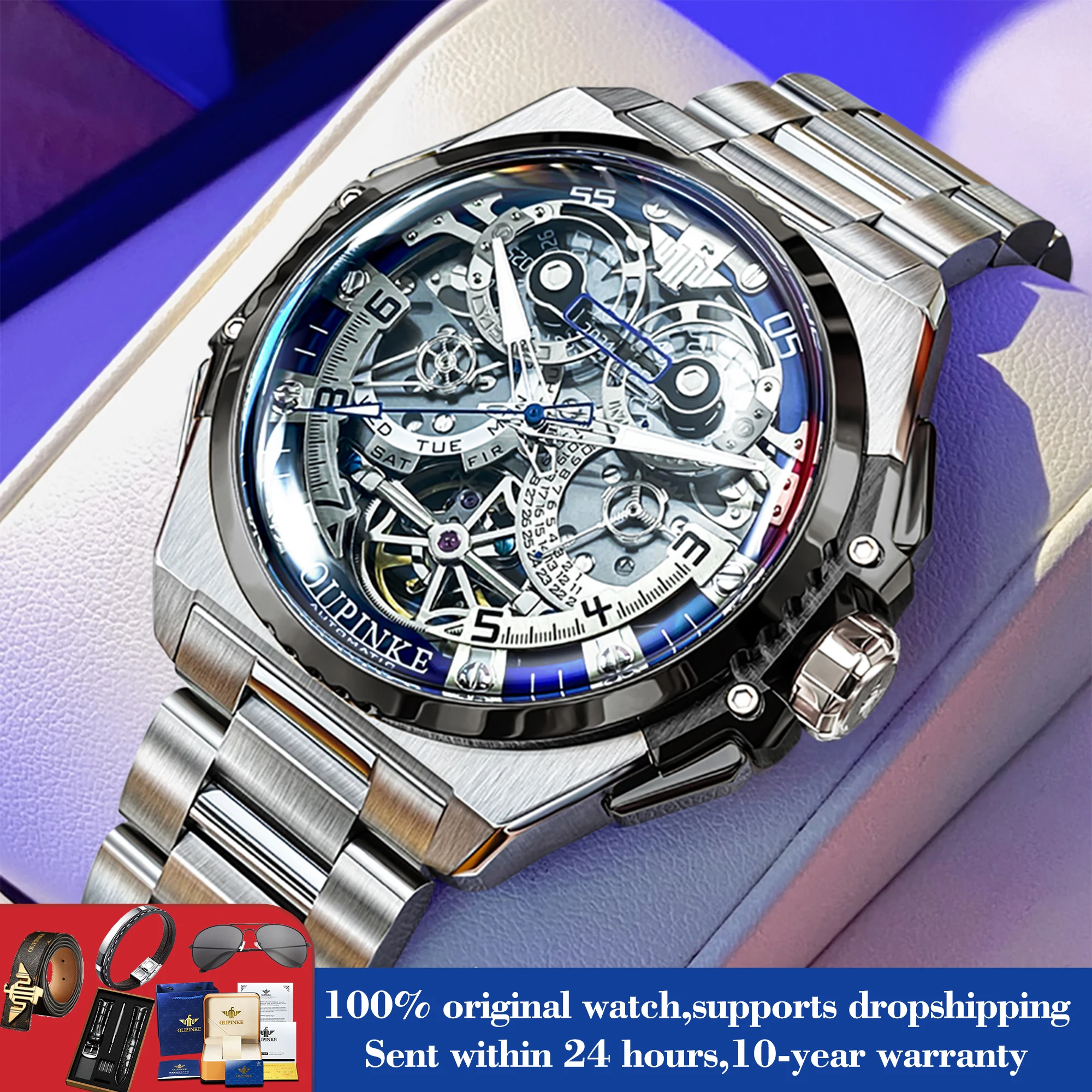 

OUPINKE 3266 Fashion Hollow Skeleton Mechanical Watch For Men Auto Date Waterproof Luminous Hand Clock Sapphire Mirror Man Watch