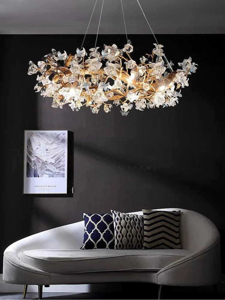 

Modern Led Branches Ceiling Chandeliers Glass Crystal Pendant Lamp Handmade Kapok Flower Hanging Light Lustre Home Decor Fixture