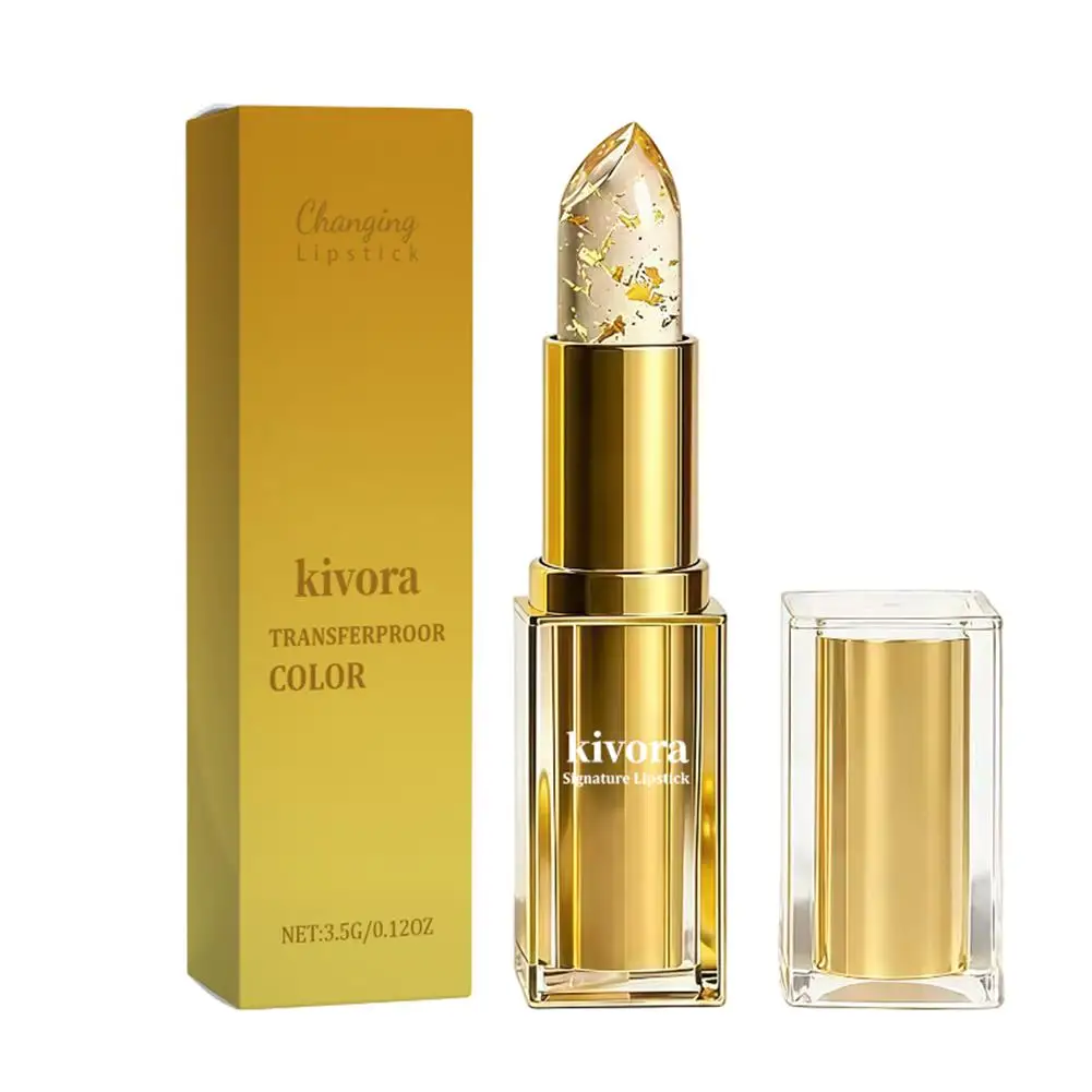 Gold Foil Crystal Temperature Changing Lipstick Jelly Color‑Shift Lip Balm Moisturizing Long‑Lasting Glossy Lip Makeup Cosmetic