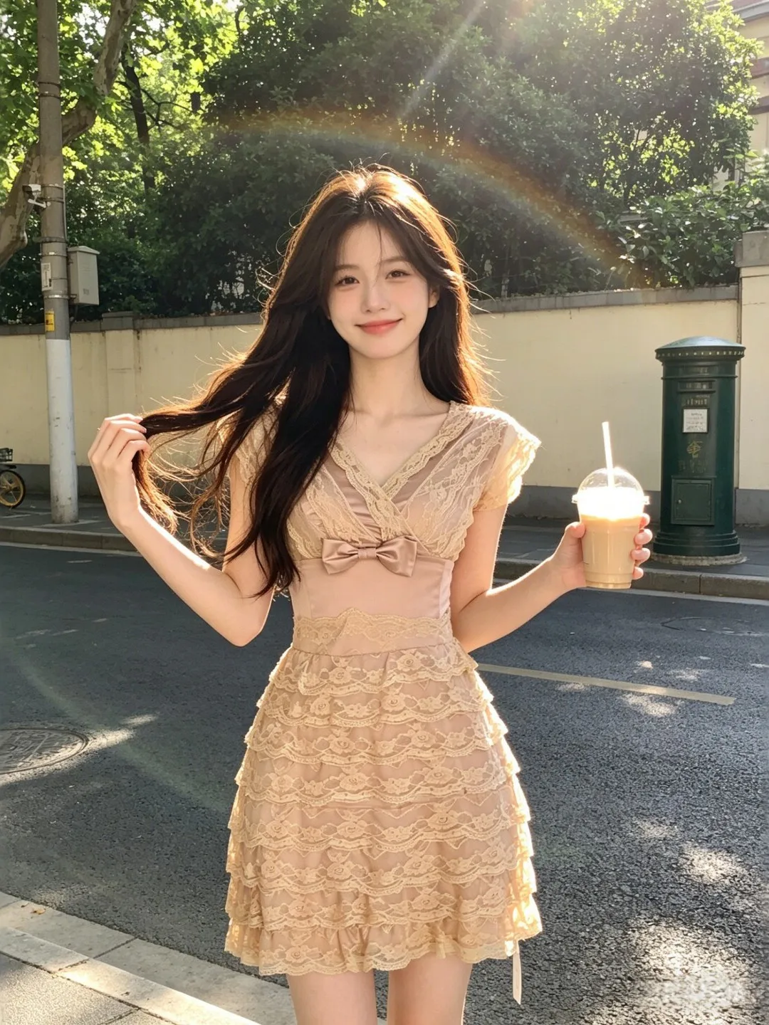 

Unique Small Size V-neck Top Cake Short Skirt Two-piece Set Youthful Summer Outfit Lace High Waist Polyester Fiber Dress