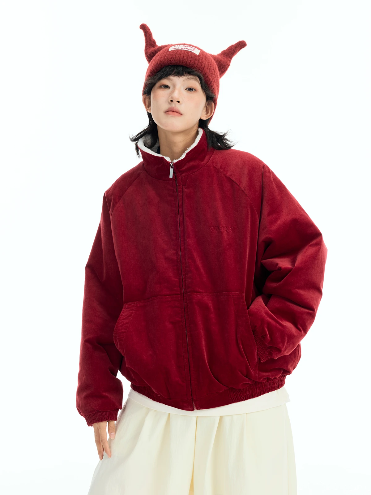 

Красный американский ретро мех ягненка вельветовое плечо Све вставка хлопок Jaet воротник-стойка свободная верхняя одежда зимний топ черепаха хорошая...